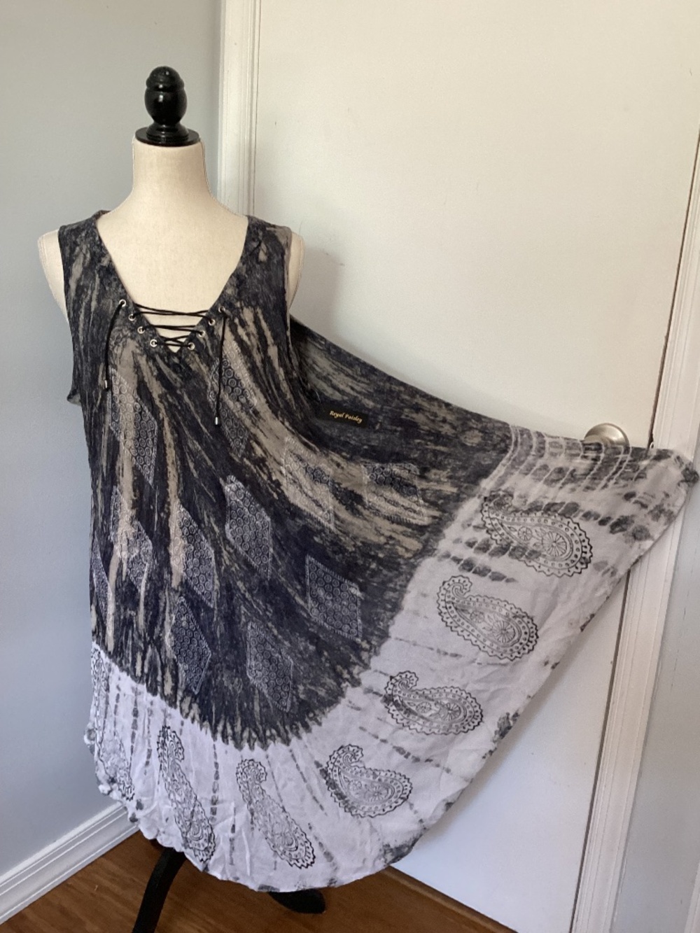 NWT ROYAL PAISLEY REGULAR ONE SIZE A LINE  SWING DRESS TIE DYE BLUE GREY